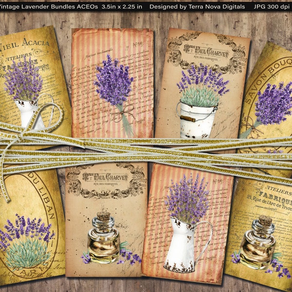 Vintage French Lavender Bundles Ephemera Digital Collage Sheet Cards / ACEO / ATC / Crafts 3.5 x 2.25" / Instant Download