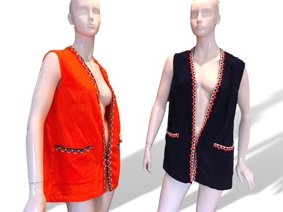 XS S 60s beach wear terry towelling wasitcoat red