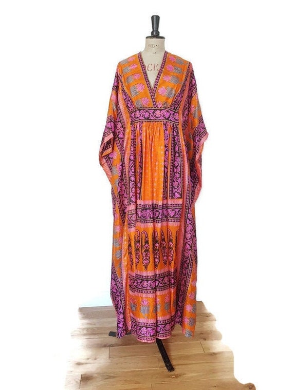 SUDA SILK KAFTAN 70s orange pink caftan designer c