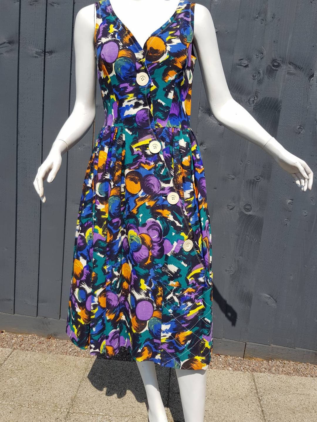 Image of Fabulous S Vintage Day Dress, Satellite Buttons, Vibrant Print, Hemline Jumbo Pocket, Uk  Us , Henry Ours