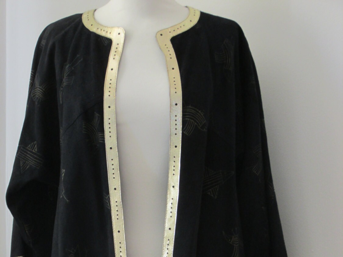 Image of Sale Jean Muir Suede Kimono Jacket Coat Navy With Gold Leather Stylised Birds Size M Couture Designer Vintage