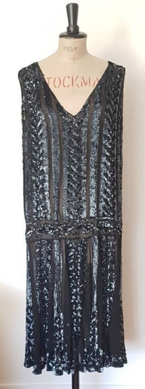 authentic 20s black sequin flapper silk dress uk 1