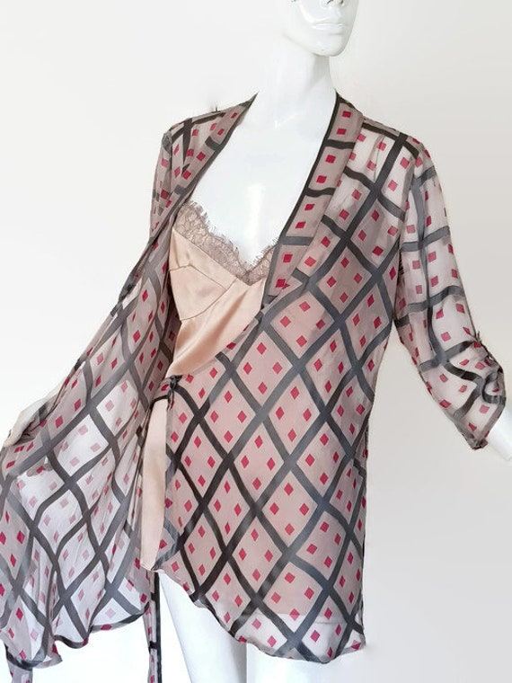 M L DVF silk wrap blouse grey pink blush camisole