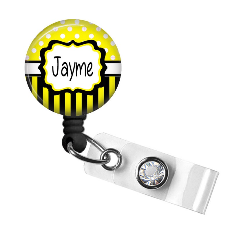 Retractable Badge Holder; ID Name Badge; Name Badge Holder with Stripe and Polka Dot Print in Yellow and Black Colors; #OQT1