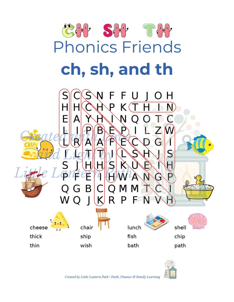 Phonics Friends Word Search + Answer Key | Ch Sh Th Digraph Worksheet ...