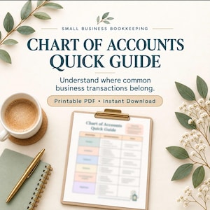 Pode incluir: Um documento digital intitulado Chart of Accounts Quick Guide com o subtítulo Understand where common business transactions belong. O texto Printable PDF Instant Download é exibido em um fundo bege com uma caneca de café e uma caneta.