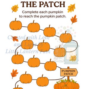 May include: An autumnal illustration with the text "PUMPKINS TO THE PATCH." The image shows a path of orange pumpkins leading to a pumpkin patch, with autumn leaves and a lantern. The text "Complete each pumpkin to reach the pumpkin patch" is also included.