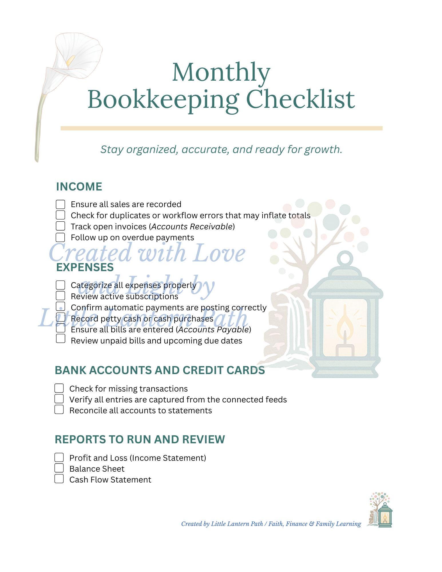 Monthly Bookkeeping Checklist | QBO Bookkeeping Printable | Small ...