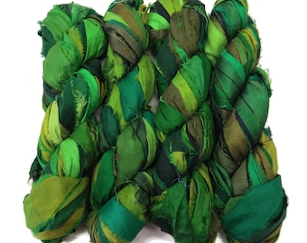 Sale! Premium  Iridescent Sari Silk  Ribbon yarn , 100g (50 yards) color Green Mix