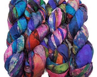 New! Tye dye Sari Silk Ribbon, 100g per skein-, 40-45 yards each, Color: Multi Mix Tones