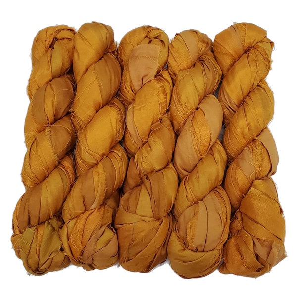 Premium Recycled Sari Silk Ribbon, Color: Saffron , 100g (45 yards)
