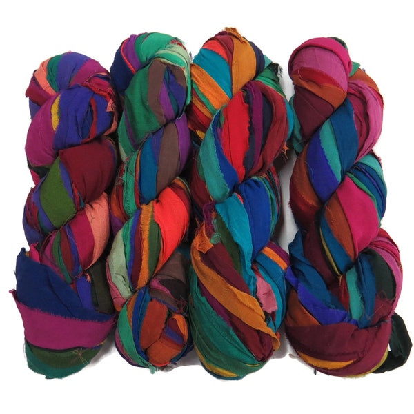 New !  Huge Sari Silk Chiffon Ribbon skein , Color Multi Jewel Tone Mix