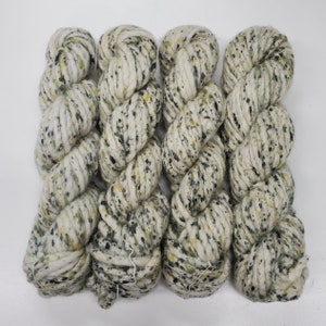 100% Recycled Tye dye Wool Yarn ,  2 ply bulky yarn, 100g per skein, Color: Natural White / Forest /Yellow