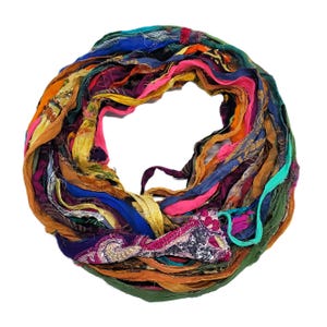 New! Sari Silk Chiffon Printed and Embroidered Ribbon with embellishments,  100g per skein