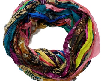 New! Sari Silk Chiffon Printed and Embroidered Ribbon with embellishments,  100g per skein