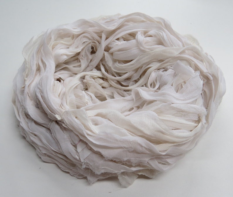 Huge Sari Silk Chiffon Ribbon skein , Color White image 2