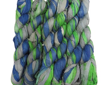 Nytt! Sari sidenband, 100 g, 50 yards, Färg: TT-18, Denim/Silver/Gräsgrön