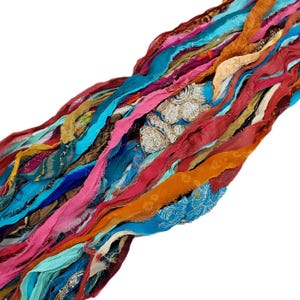 New! Sari Silk Chiffon Printed and Embroidered Ribbon with embellishments,  100g per skein