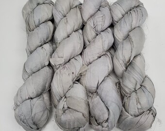 New! Sari Silk Ribbon yarn , 100g per skein, 40-50 yards ,  Color: Silver