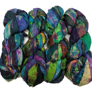 New Tye dye Sari Silk Ribbon, 100g per skein, 40-45 yards each, Color: Green Mix Tones image 1