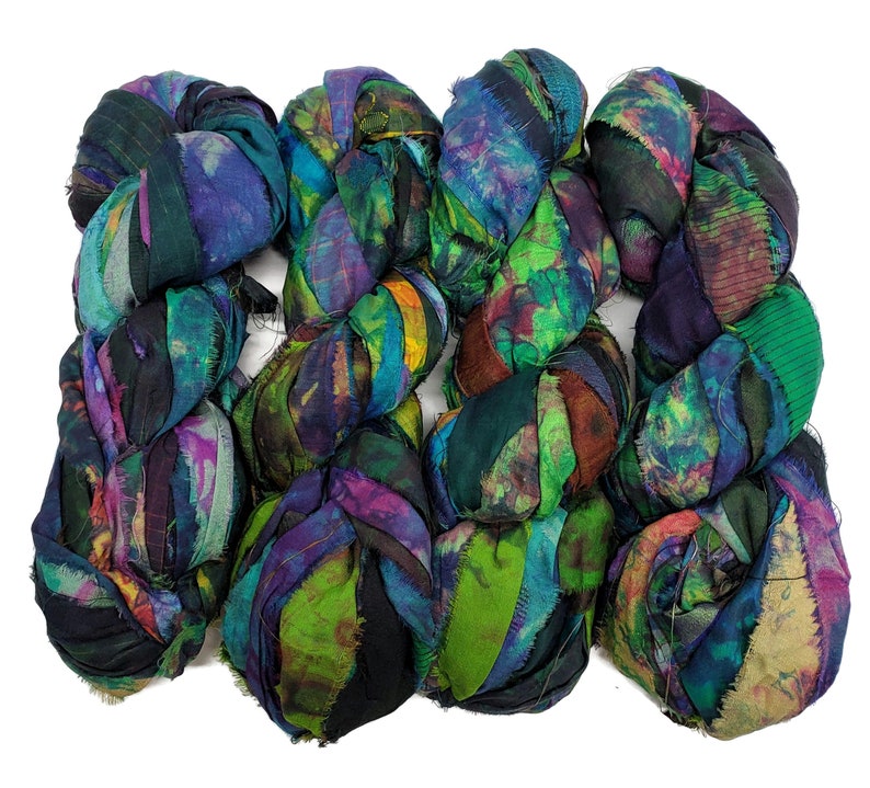 New Tye dye Sari Silk Ribbon, 100g per skein, 40-45 yards each, Color: Green Mix Tones image 1