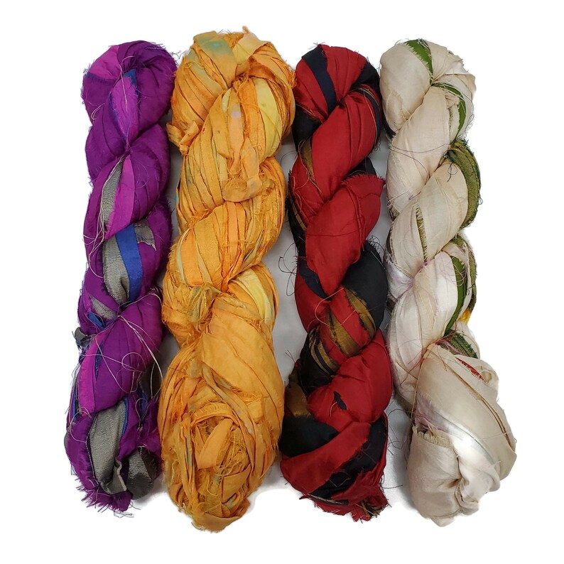 New 400g, Sari Silk Ribbon yarn assortment kit , 160 yards total. 4 skeins included. image 1