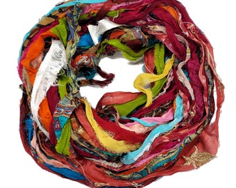 New! Sari Silk Chiffon Printed and Embroidered Ribbon with embellishments,  100g per skein