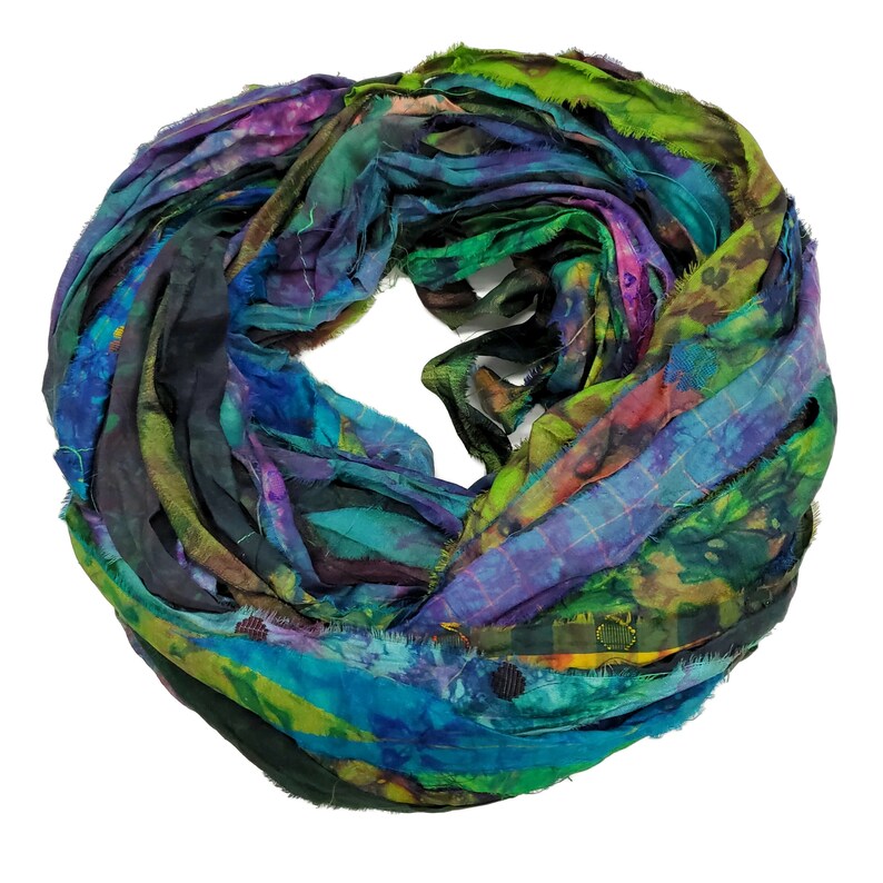 New Tye dye Sari Silk Ribbon, 100g per skein, 40-45 yards each, Color: Green Mix Tones image 3