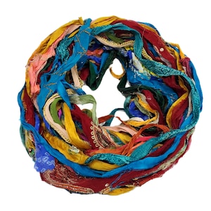 New! Sari Silk Chiffon Printed and Embroidered Ribbon with embellishments,  100g per skein