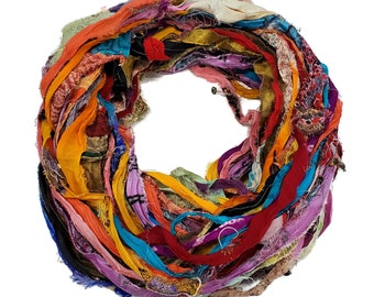 New! Sari Silk Chiffon Printed and Embroidered Ribbon with embellishments,  100g per skein