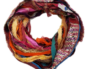 New! Sari Silk Chiffon Printed and Embroidered Ribbon with embellishments,  100g per skein