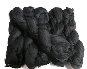 Premium Recycled Sari Silk Ribbon, Jet Black , 100g (50 yards)