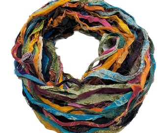 New! Sari Silk Chiffon Printed and Embroidered Ribbon with embellishments,  100g per skein