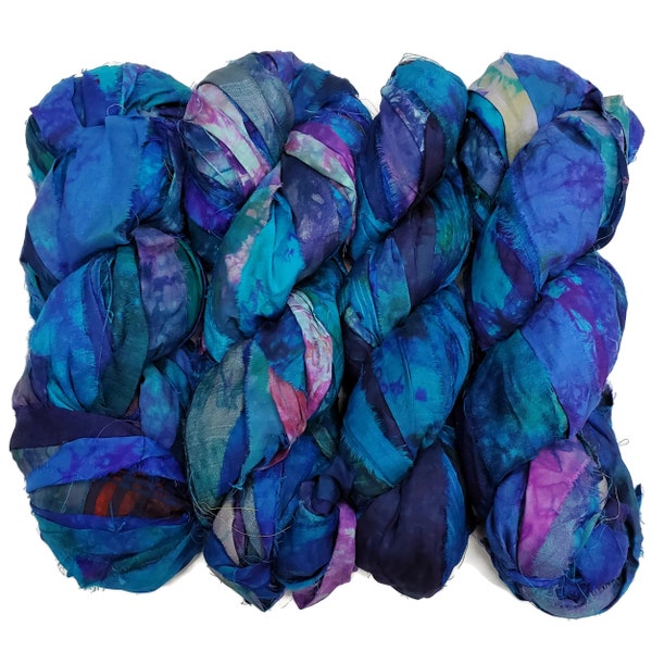 New! Tye dye Sari Silk Ribbon, 100g per skein-, 40-45 yards each, Color: Blue Mix Tones