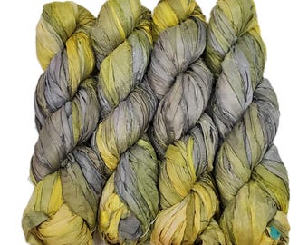 Nytt! Återvunnet sari-sidensband, färg: Citron/Grå mix (TT-3)