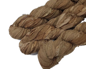 New! Recycled Sari Silk Chiffon Ribbon , 100g per skein , color: Raw Sienna