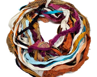 New! Sari Silk Chiffon Printed and Embroidered Ribbon with embellishments,  100g per skein