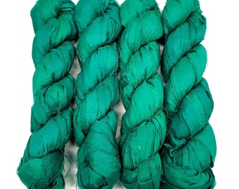 New! Sari Silk Ribbon yarn , 100g per skein, 40-50 yards ,  Color: Basil Green