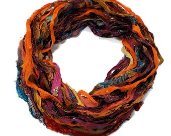 New! Sari Silk Chiffon Printed and Embroidered Ribbon with embellishments,  100g per skein