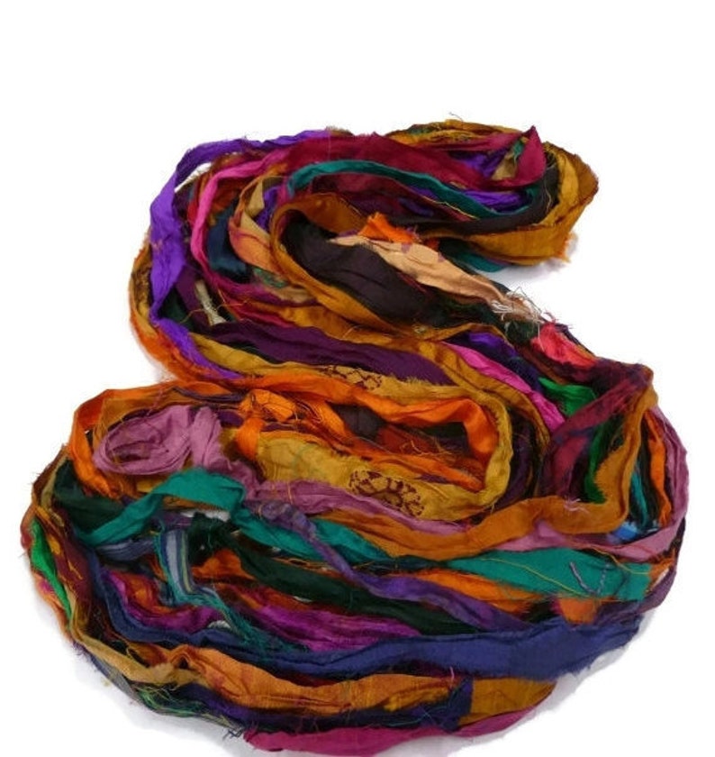 Sale Recycled Sari Silk Ribbon, Multi Mix Jewel Tones zdjęcie 2