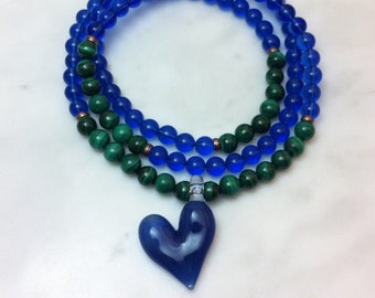 One of a Kind Handmade Glass Pendant Heart Mala Beads in Malachite and Blue Quartz, 108 Beaded Necklace