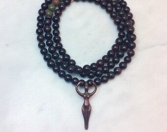 Garnet Mala Beads with Unakite Jasper and Copper Goddess Pendant, 108 Beaded Necklace, Copper