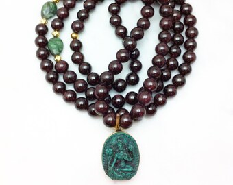 Green Tara Mala - Garnet Mala Beads- Buddhist Prayer Beads, 108 Mala Beads - Healing and Self Worth