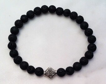 Pulsera de cuentas de mala de lava negra para conectar a tierra y eliminar energía negativa, plata tibetana, disponible en tallas para mujer y hombre.