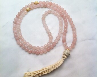 Rose Mala Necklace - Rose Quartz Mala Beads, Buddhist Prayer Beads, 108 Mala Beads for meditations on love, purity of heart, Product ID 1311