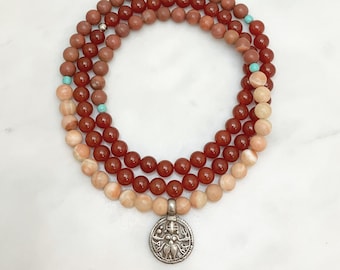 Antique Shiva Mala Beads in Red Malachite, Carnelian, Howlite Turquoise, 108 Beaded Necklace, gemstones for healing and creativity