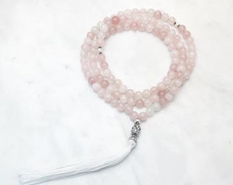 Rose Quartz Mala Beads with Lotus and Pearls, beaded necklace for love, peace, and calming