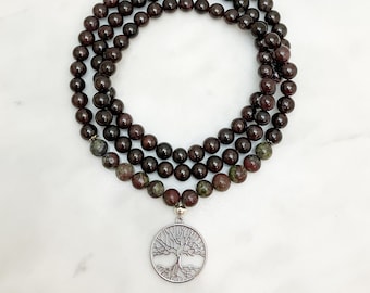 Garnet and Dragon Blood Jasper Mala Beads with Tree of Life, 108 Beaded Necklace, gemstones for emotional healing, calming, optimism