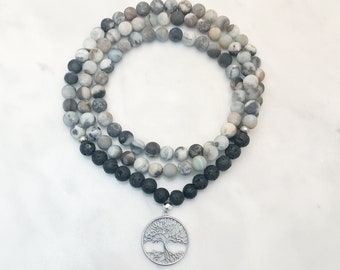 Mala Árbol de la Vida en Amazonita Negra y lava, Collar de 108 Cuentas, Colgante Árbol de la Vida