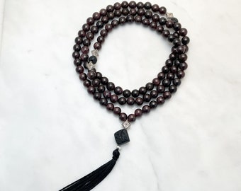 Garnet Mala Beads with Black Lava and Cinnanbar Dragon, 108 Beaded Necklace, gemstones for healing, calming, removing negative energy